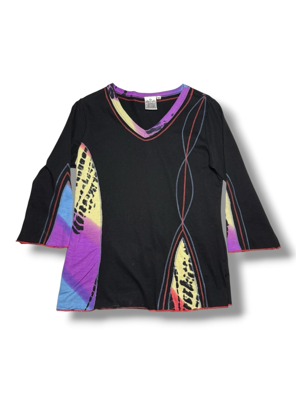 Parsley & Sage Womens Medium Blue Black Abstract V-Neck Tunic Pocket Top
